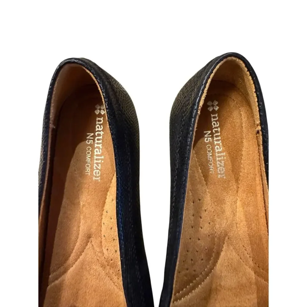 Naturalizer N5 Comfort Black Reptile Textured Loafer Gold Buckle Womens 6.5